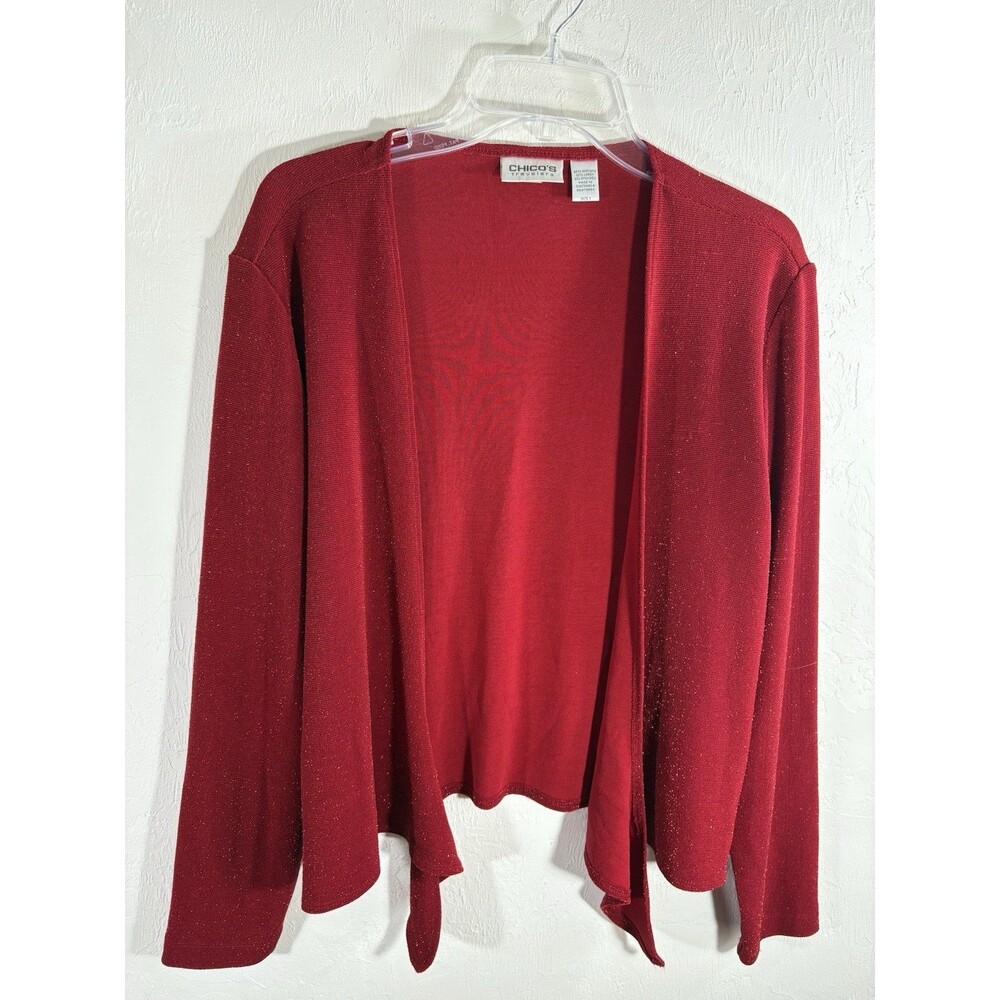 Chicos Travelers Red Slinky Cardigan w/Gold Sparkle Women Medium Loose Or Tie